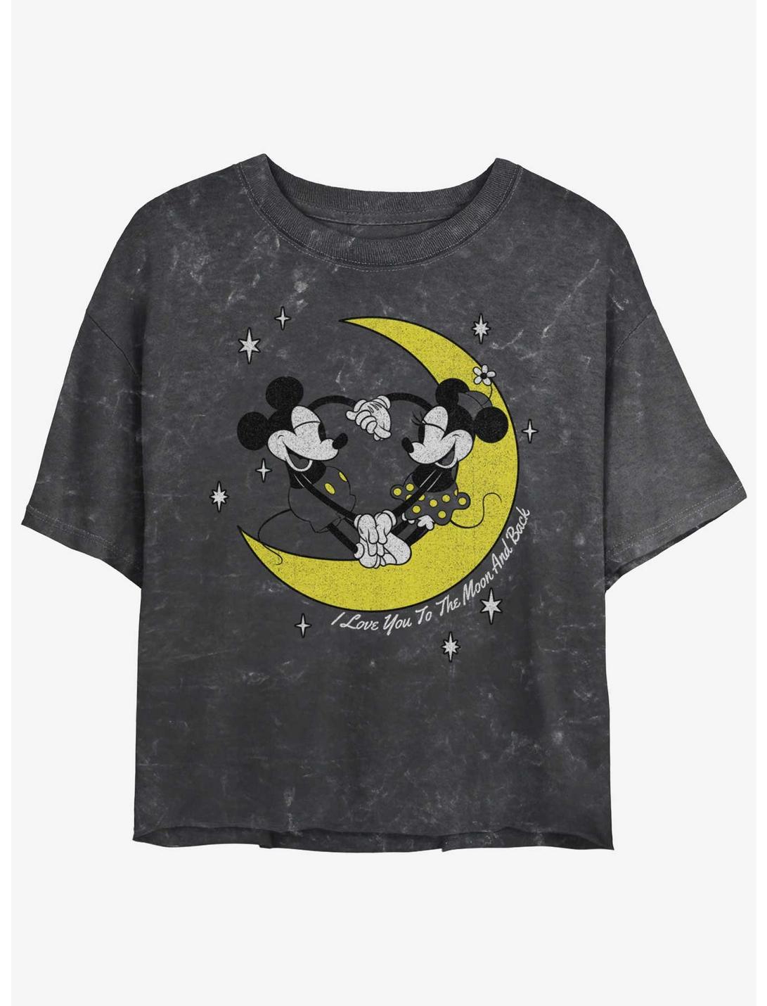 Disney Mickey Mouse & Minnie Mouse I Love You To The Moon And Back Mineral Wash Girls Crop T-Shirt, BLACK, hi-res