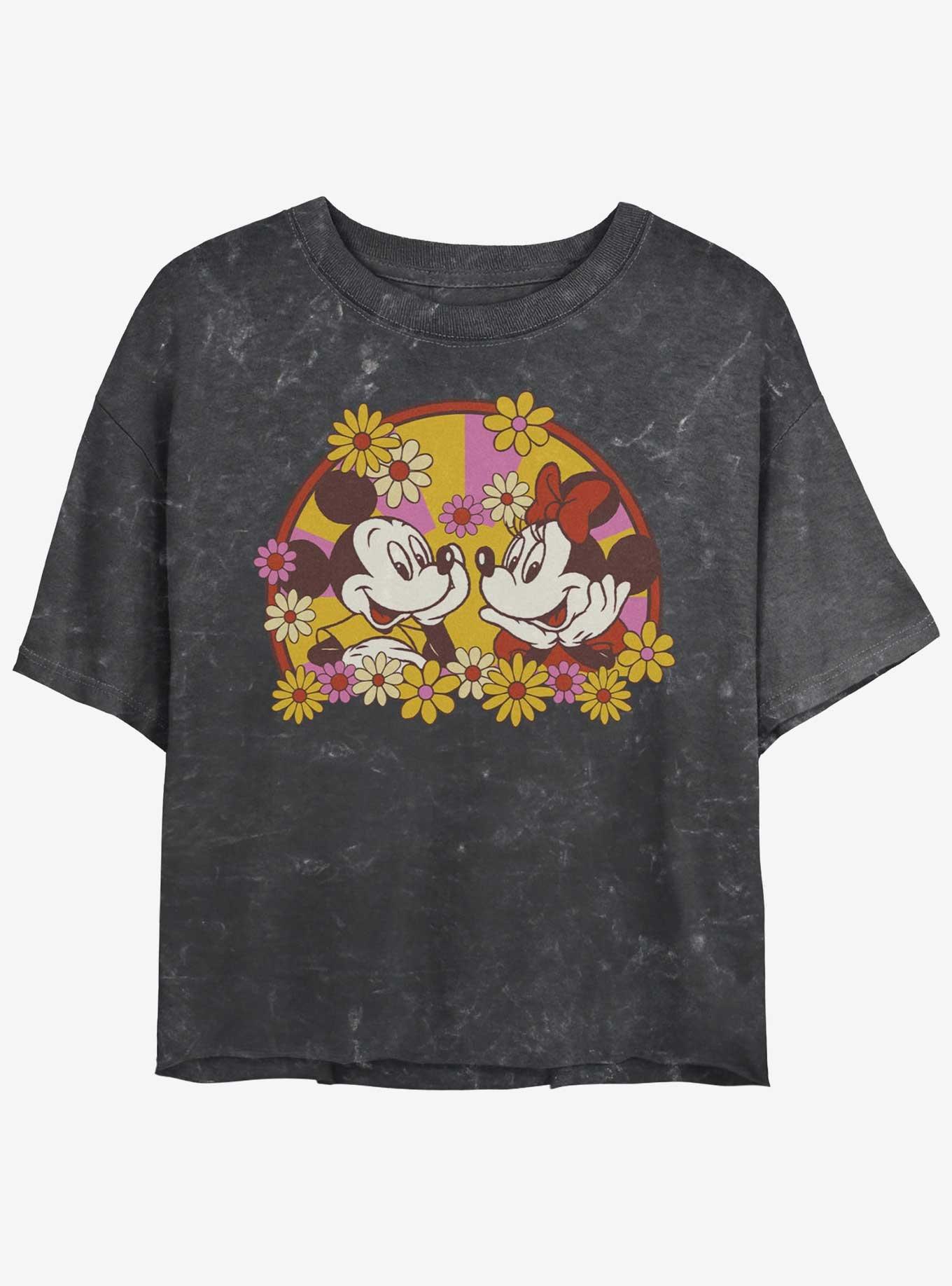 Disney Mickey Mouse & Minnie Mouse Love Bloom Mineral Wash Girls Crop T-Shirt, BLACK, hi-res