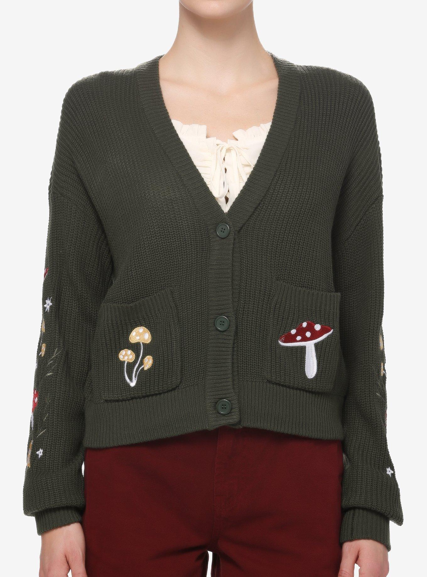 Thorn & Fable Mushroom Embroidered Crop Cardigan, MULTI, hi-res
