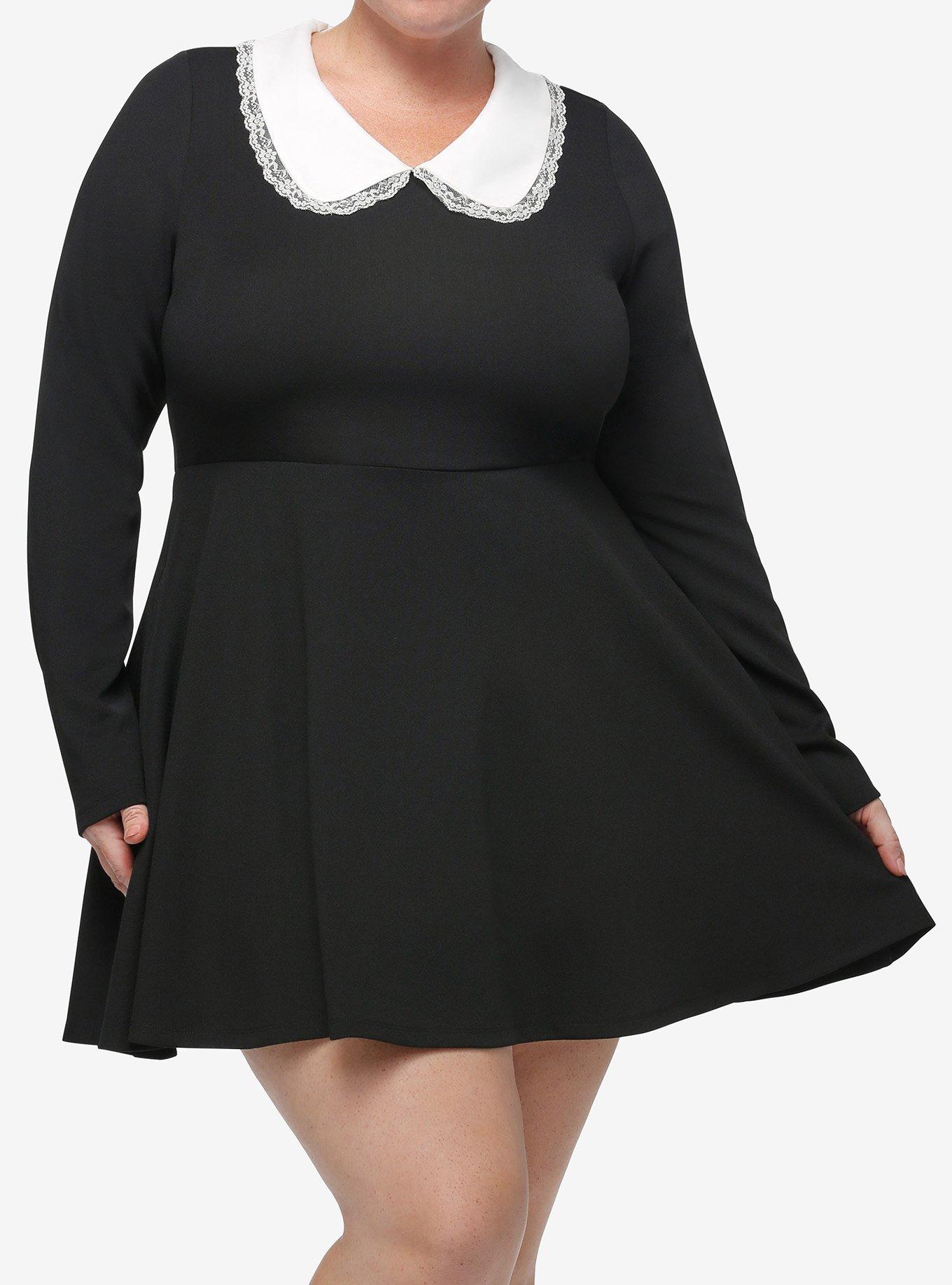 Cosmic Aura Black Peter Pan Collar Long-Sleeve Dress Plus Size, BLACK, hi-res