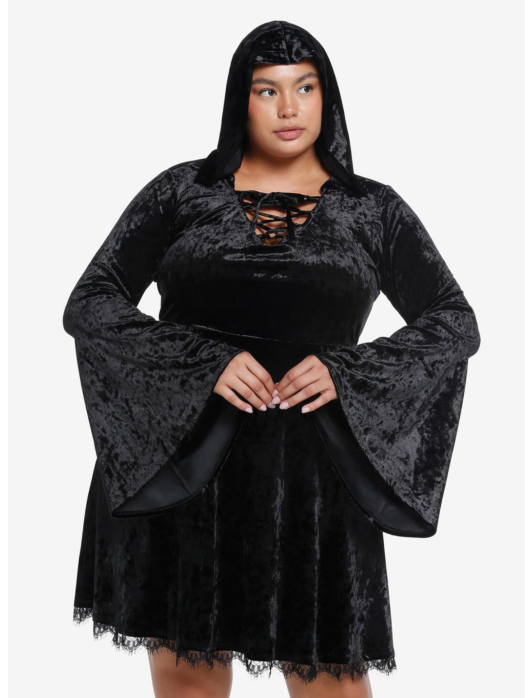 Cosmic Aura Black Velvet Hooded Dress Plus Size, BLACK, hi-res