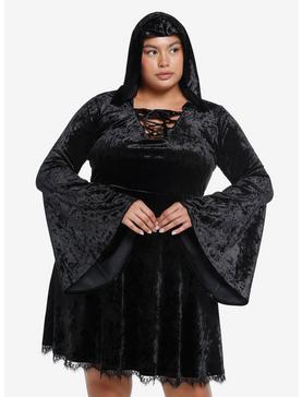 Cosmic Aura Black Velvet Hooded Dress Plus Size, , hi-res