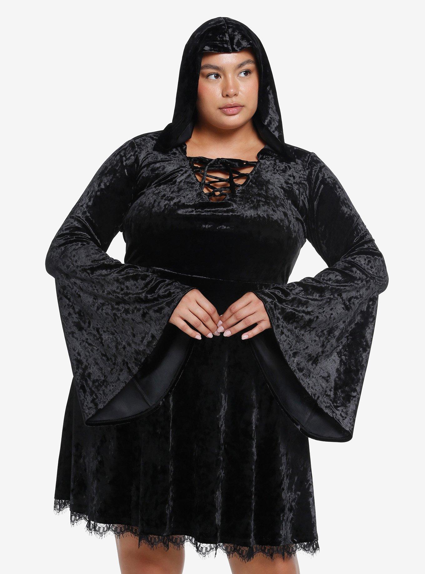 Cosmic Aura Black Velvet Hooded Dress Plus Size, BLACK, hi-res