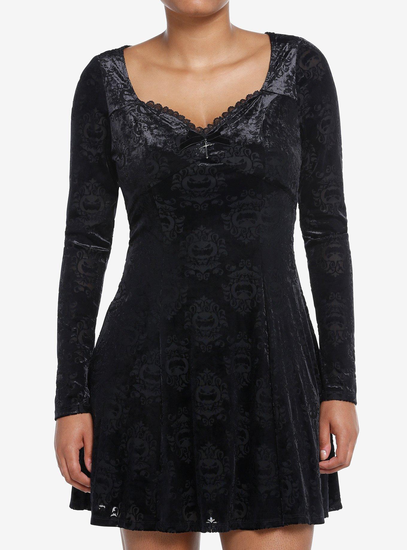 Cosmic Aura Pumpkin Bats Damask Velvet Dress, , hi-res