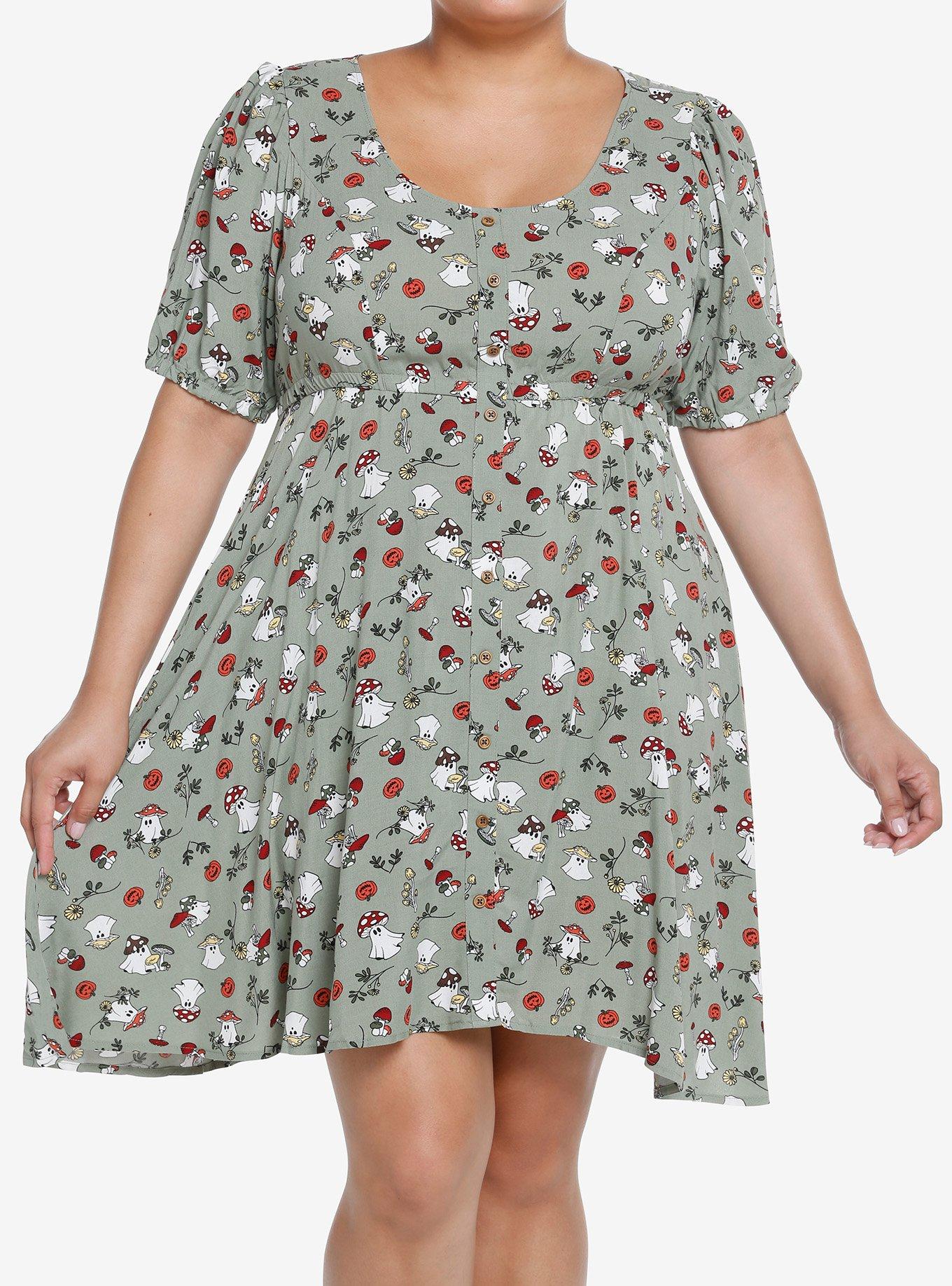 Thorn & Fable Mushroom Ghost Babydoll Dress Plus Size, MULTI, hi-res