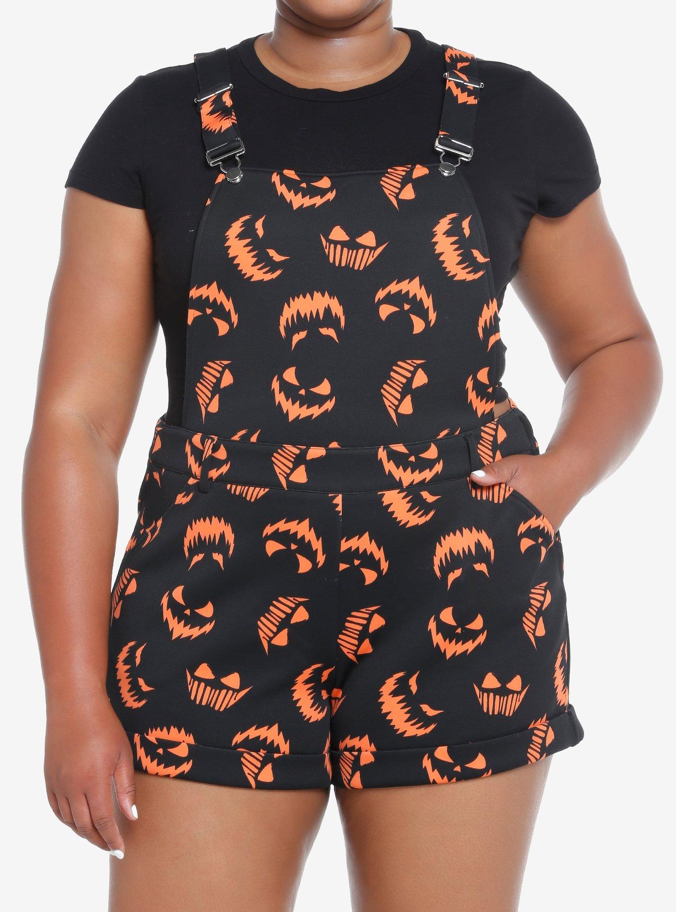 Social Collision Black & Orange Pumpkin Scuba Shortalls Plus Size, MULTI, hi-res