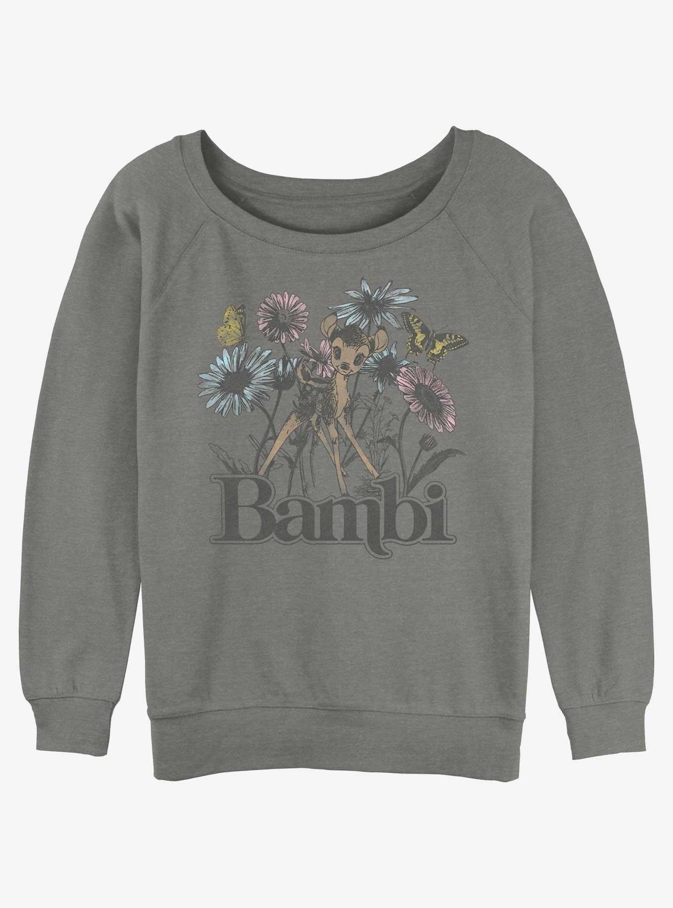 Disney Bambi Watercolor Floral Womens Slouchy Sweatshirt, GRAY HTR, hi-res