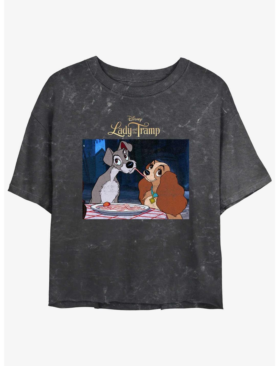 Disney Lady and the Tramp Share Spaghetti Mineral Wash Womens Crop T-Shirt, BLACK, hi-res
