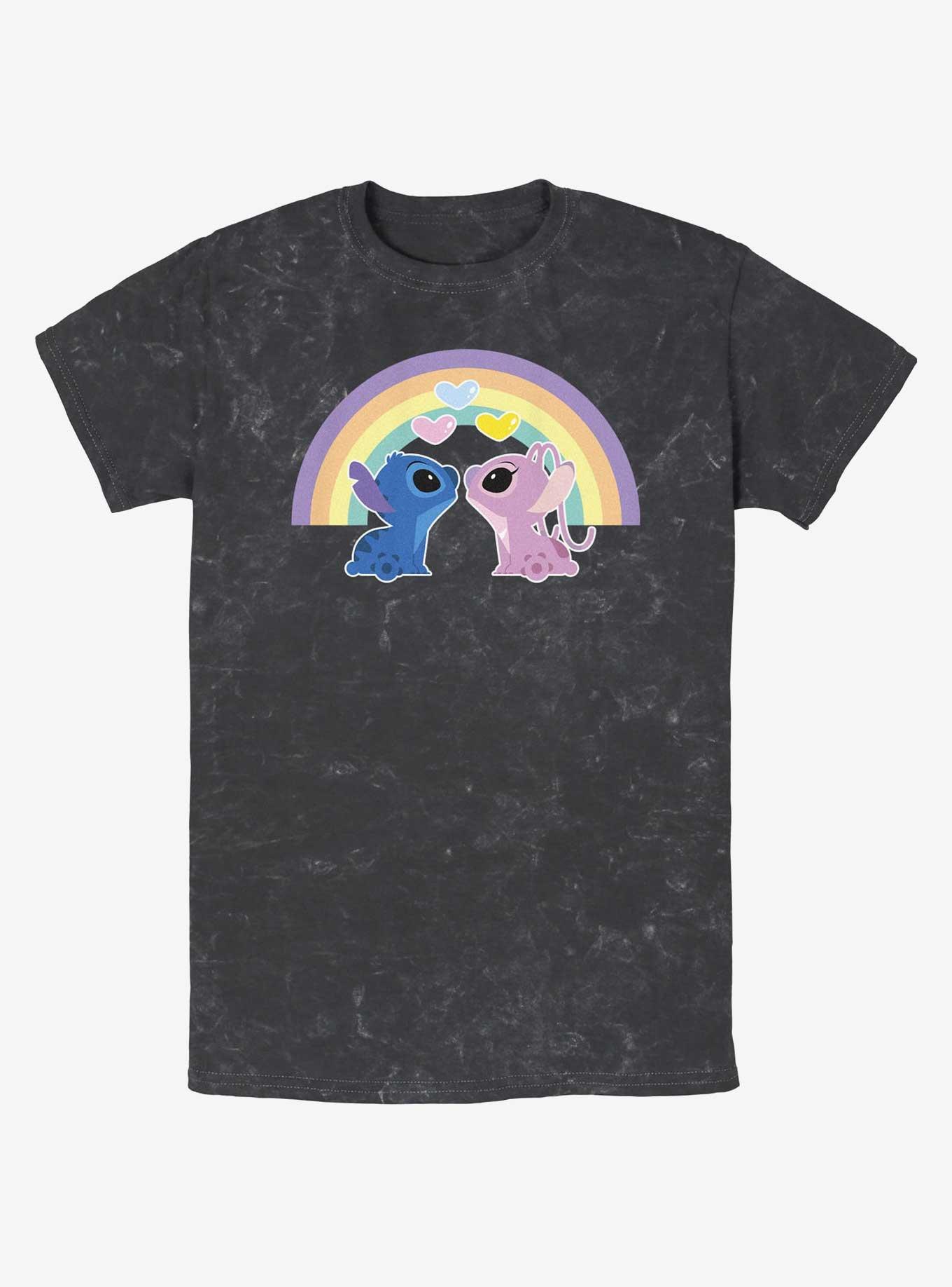 Disney Lilo & Stitch Angel & Stitch Love Under The Rainbow Mineral Wash T-Shirt, BLACK, hi-res