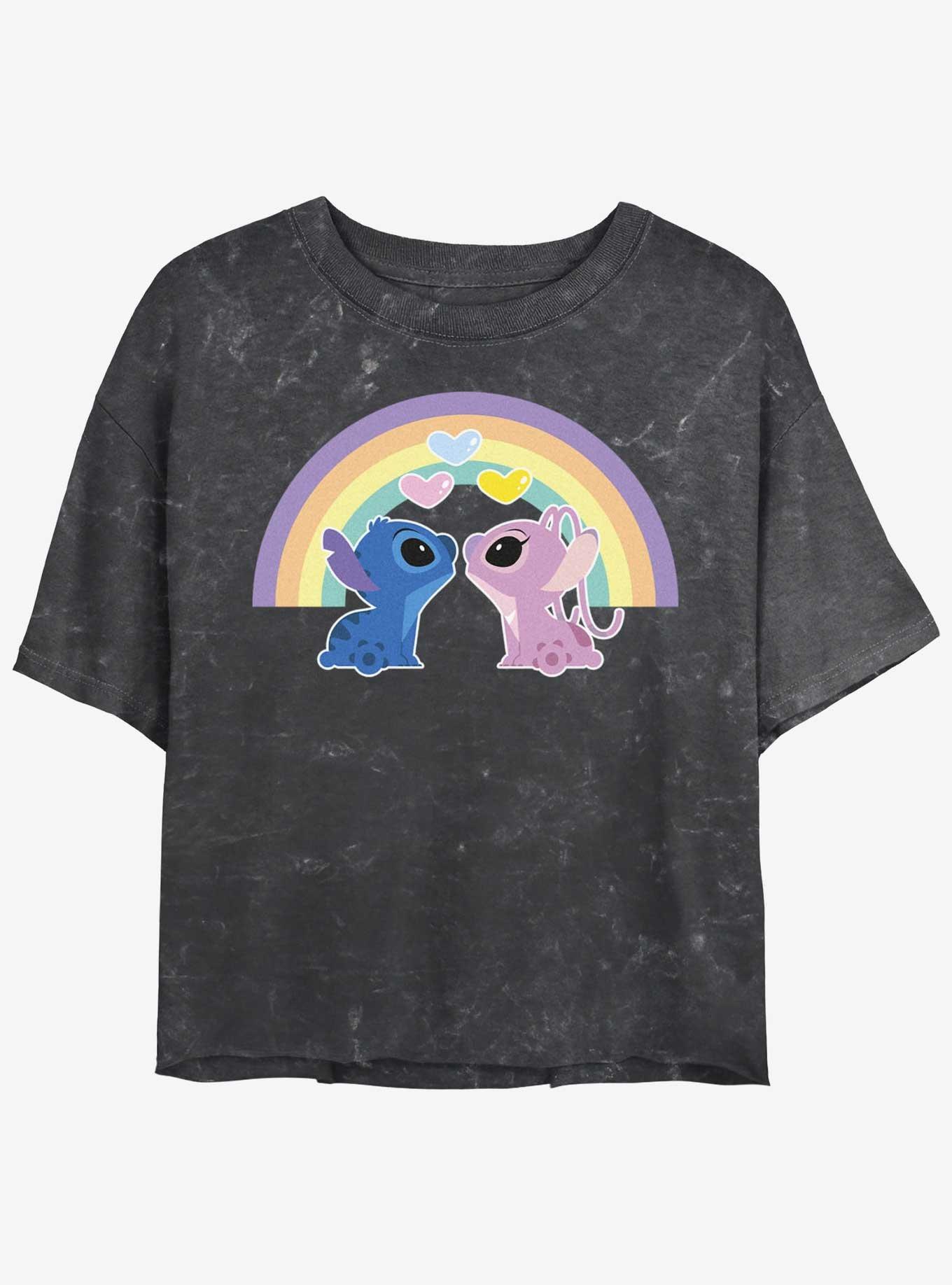 Disney Lilo & Stitch Angel & Stitch Love Under The Rainbow Mineral Wash Womens Crop T-Shirt, , hi-res