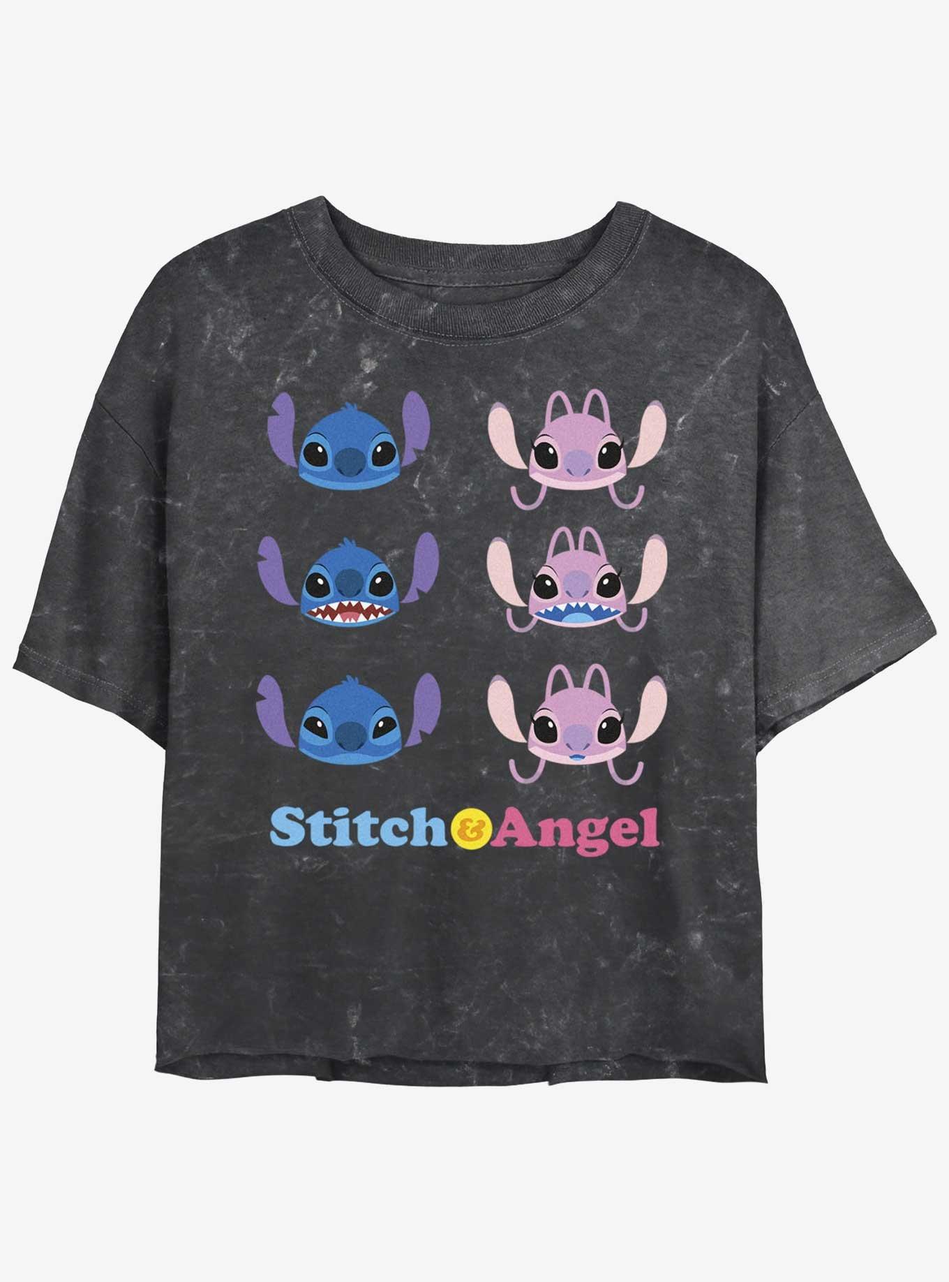 Disney Lilo & Stitch Angel & Stitch Faces Mineral Wash Womens Crop T-Shirt, BLACK, hi-res