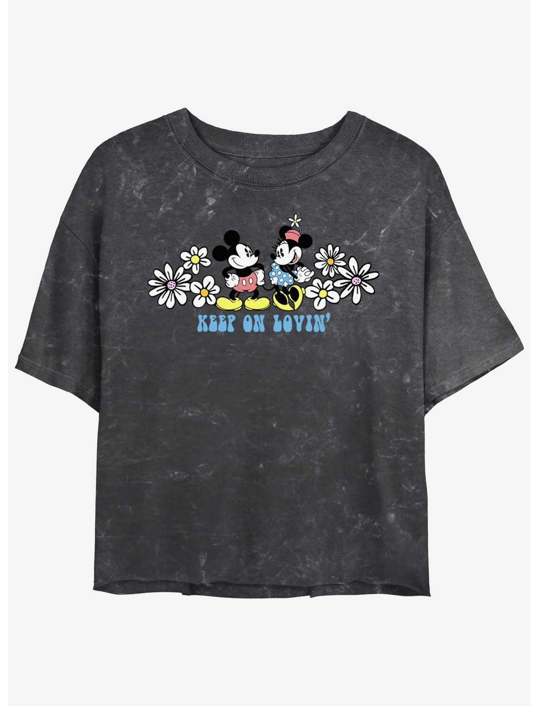 Disney Mickey Mouse Keep On Lovin' Mineral Wash Womens Crop T-Shirt, BLACK, hi-res