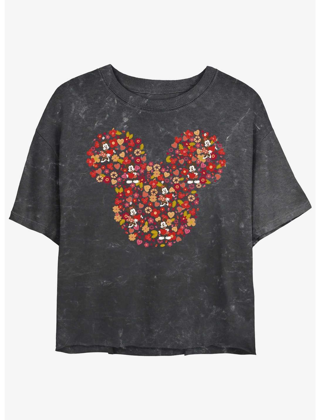 Disney Mickey Mouse Mickey Flowers Mineral Wash Womens Crop T-Shirt, BLACK, hi-res