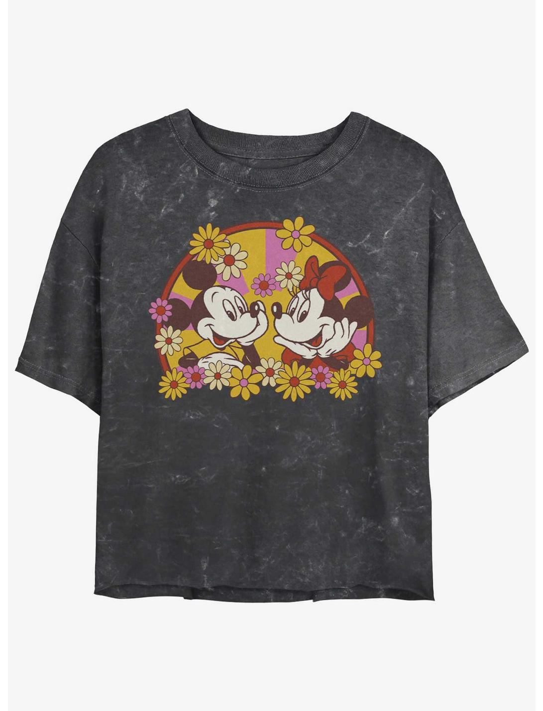 Disney Mickey Mouse Mickey & Minnie Spring Bloom Mineral Wash Womens Crop T-Shirt, BLACK, hi-res