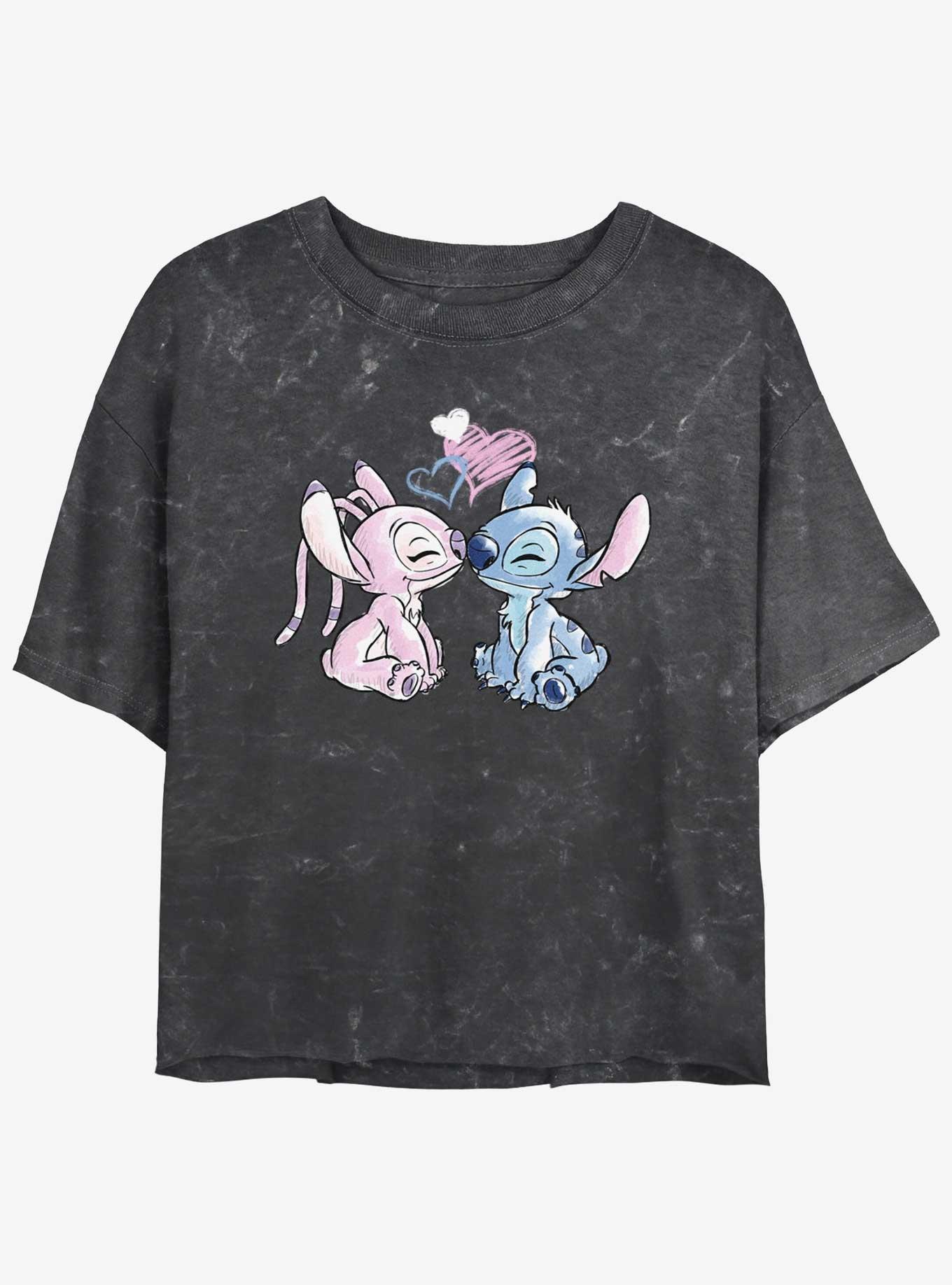 Disney Lilo & Stitch Angel Loves Stitch Mineral Wash Womens Crop T-Shirt, BLACK, hi-res