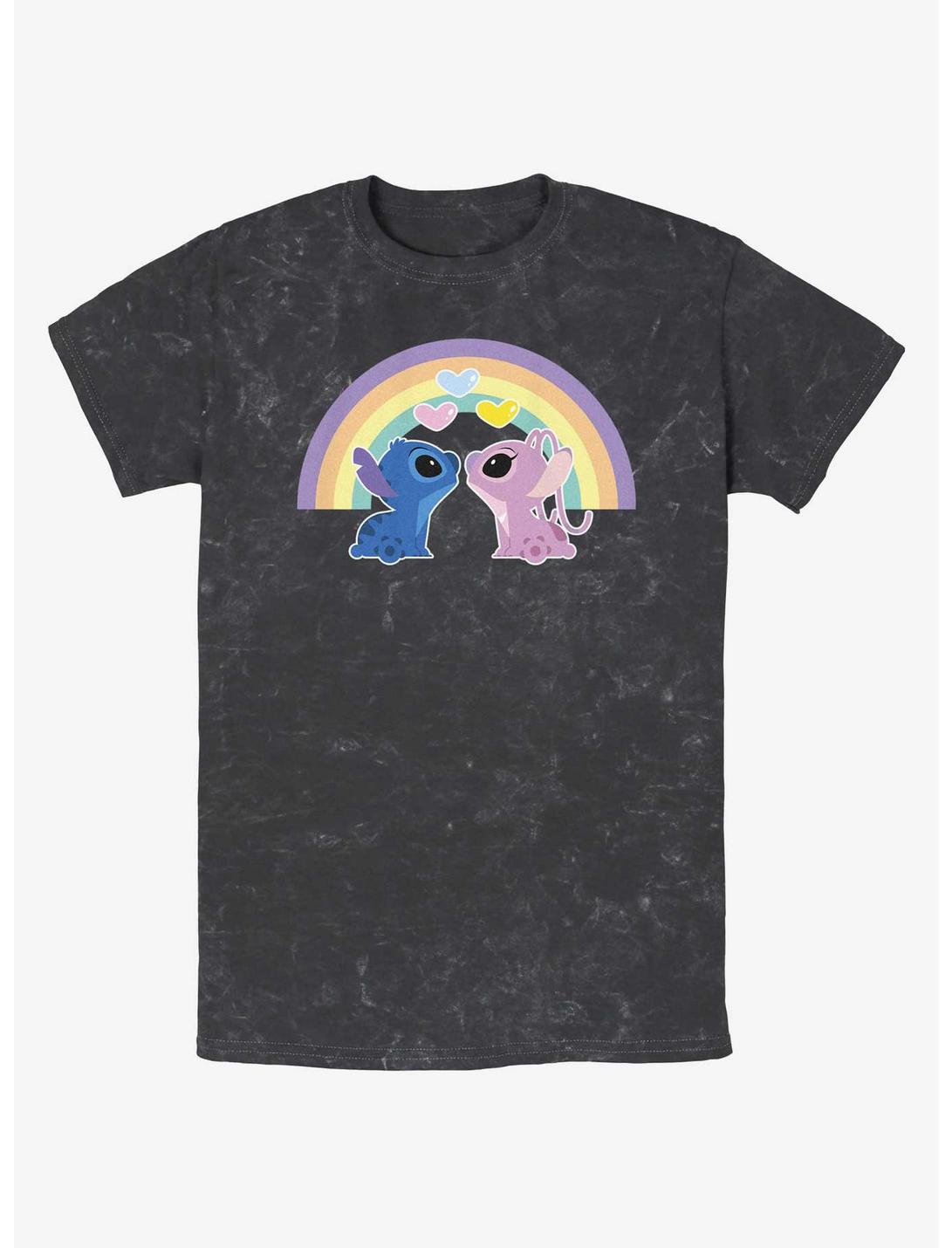 Disney Lilo & Stitch Angel & Stitch Love Under The Rainbow Mineral Wash T-Shirt, BLACK, hi-res