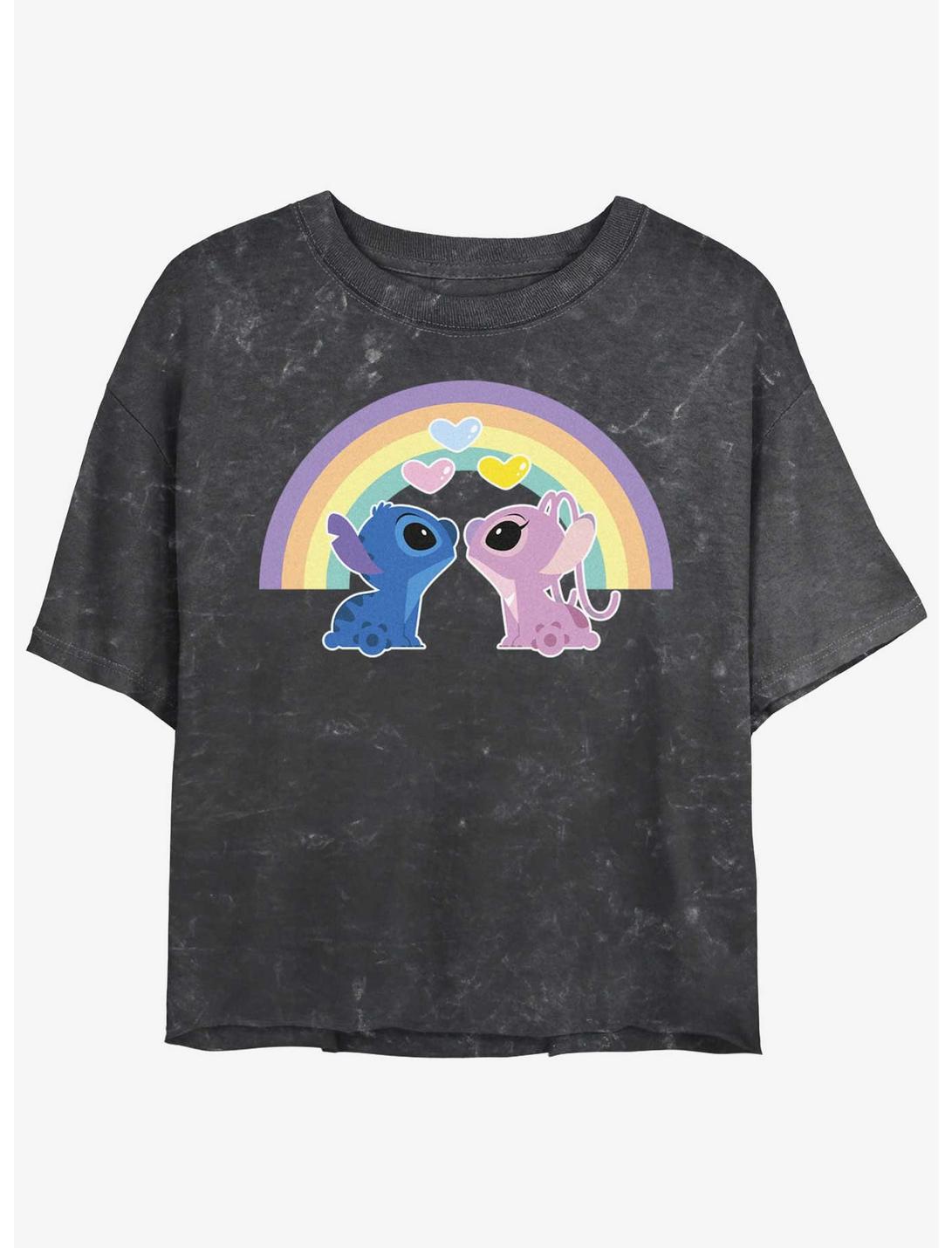 Disney Lilo & Stitch Angel & Stitch Love Under The Rainbow Mineral Wash Womens Crop T-Shirt, BLACK, hi-res