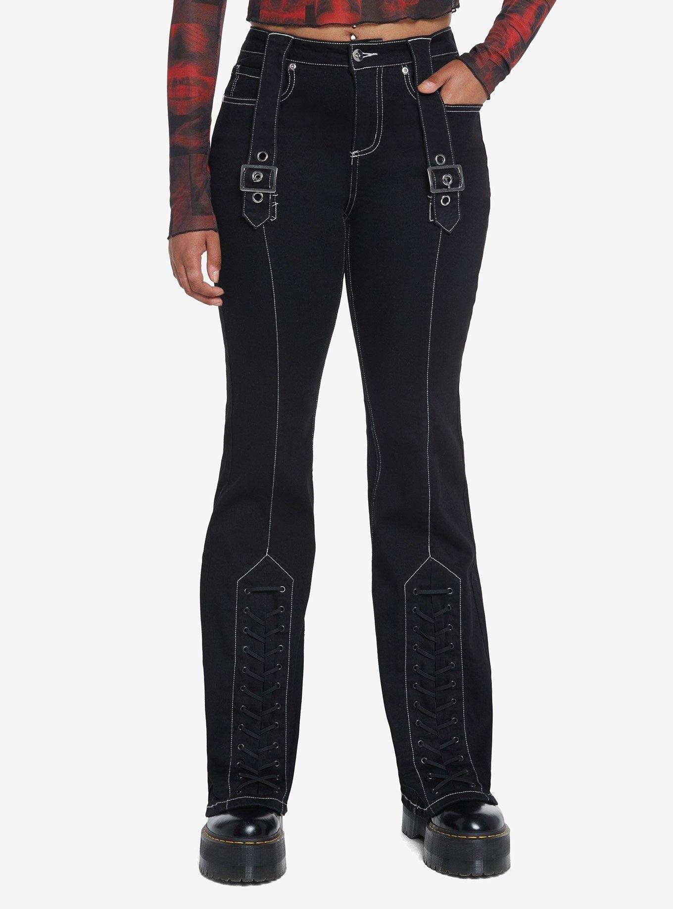 Social Collision Black Buckle Lace-Up Flare Pants