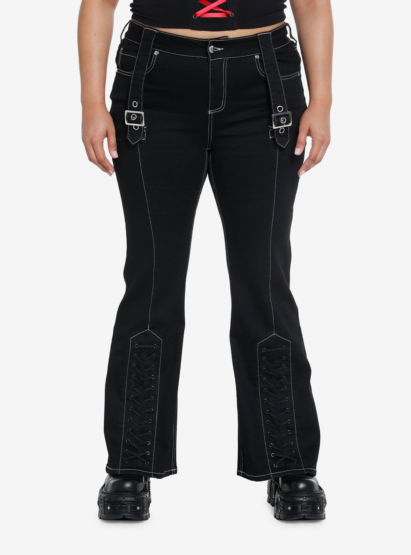 Black Buckle Lace-Up Flare Pants Plus Size, , hi-res