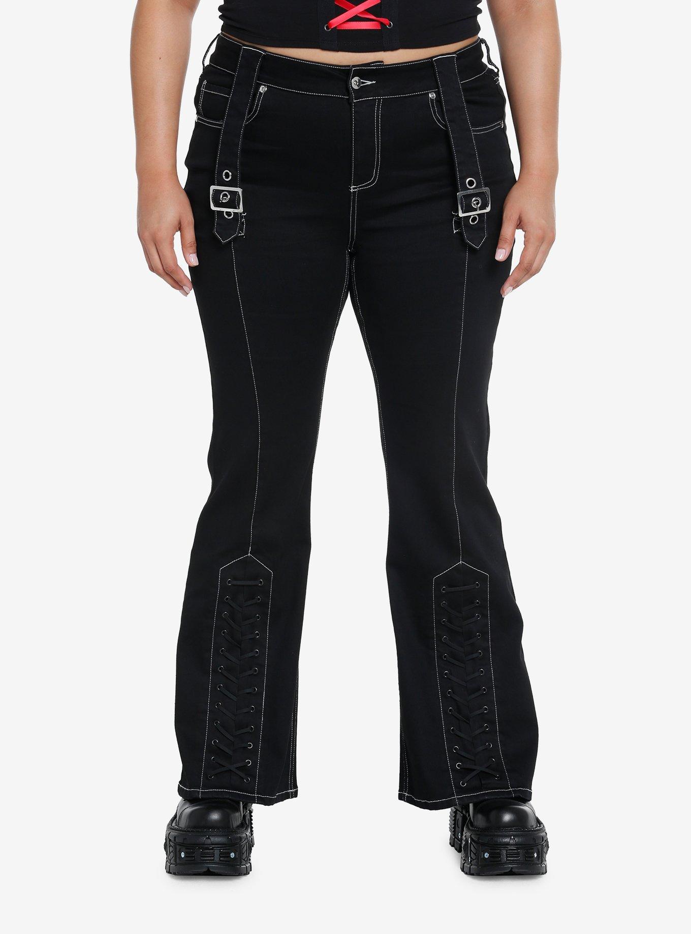 Social Collision Black Buckle Lace-Up Flare Pants Plus Size