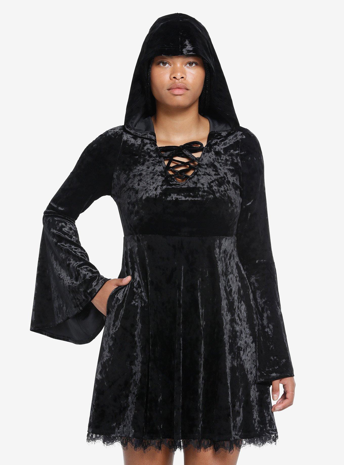 Cosmic Aura Black Velvet Hooded Dress, BLACK, hi-res