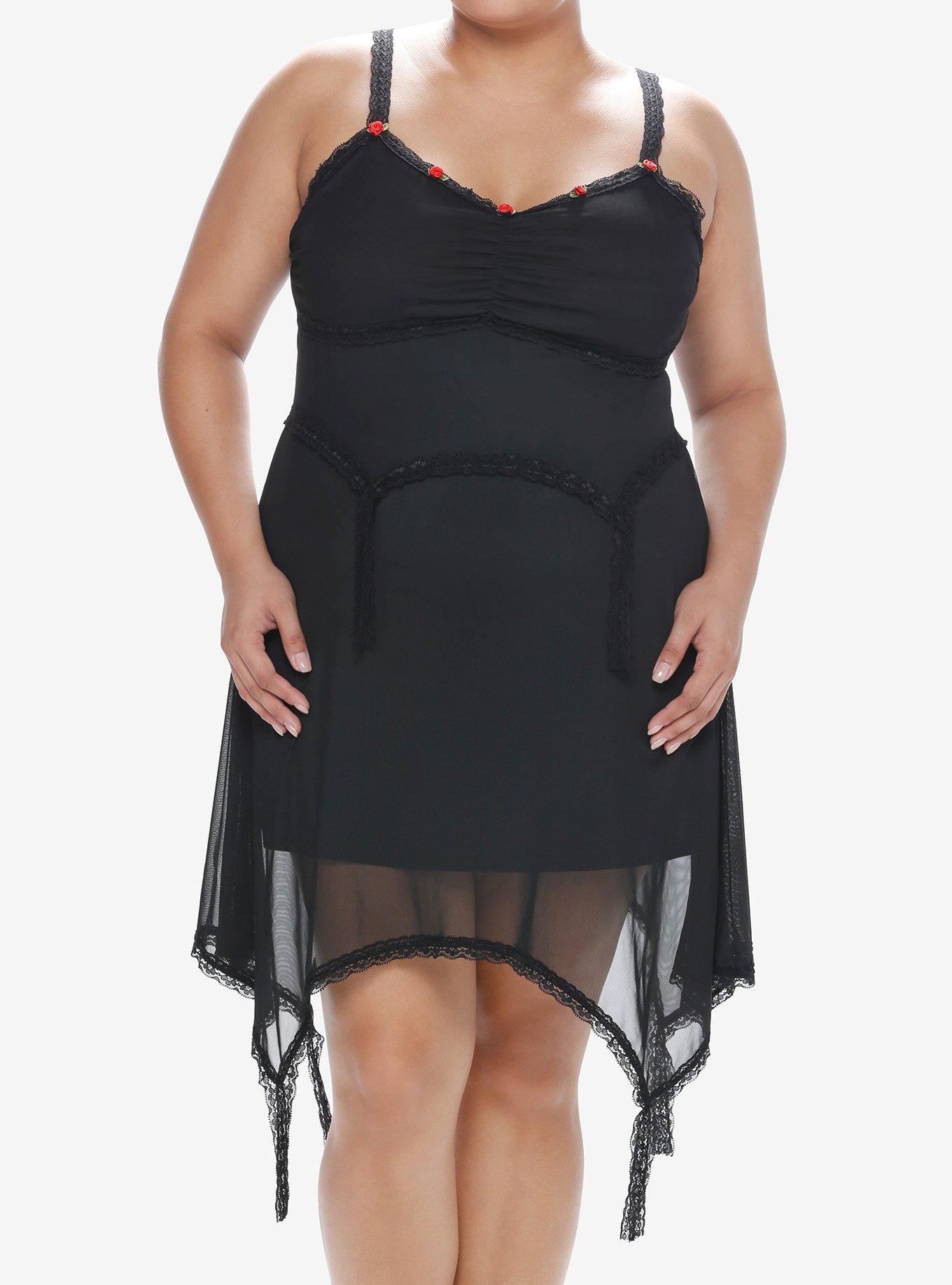 Cosmic Aura Rose Lace Hanky Hem Dress Plus Size, BLACK, hi-res