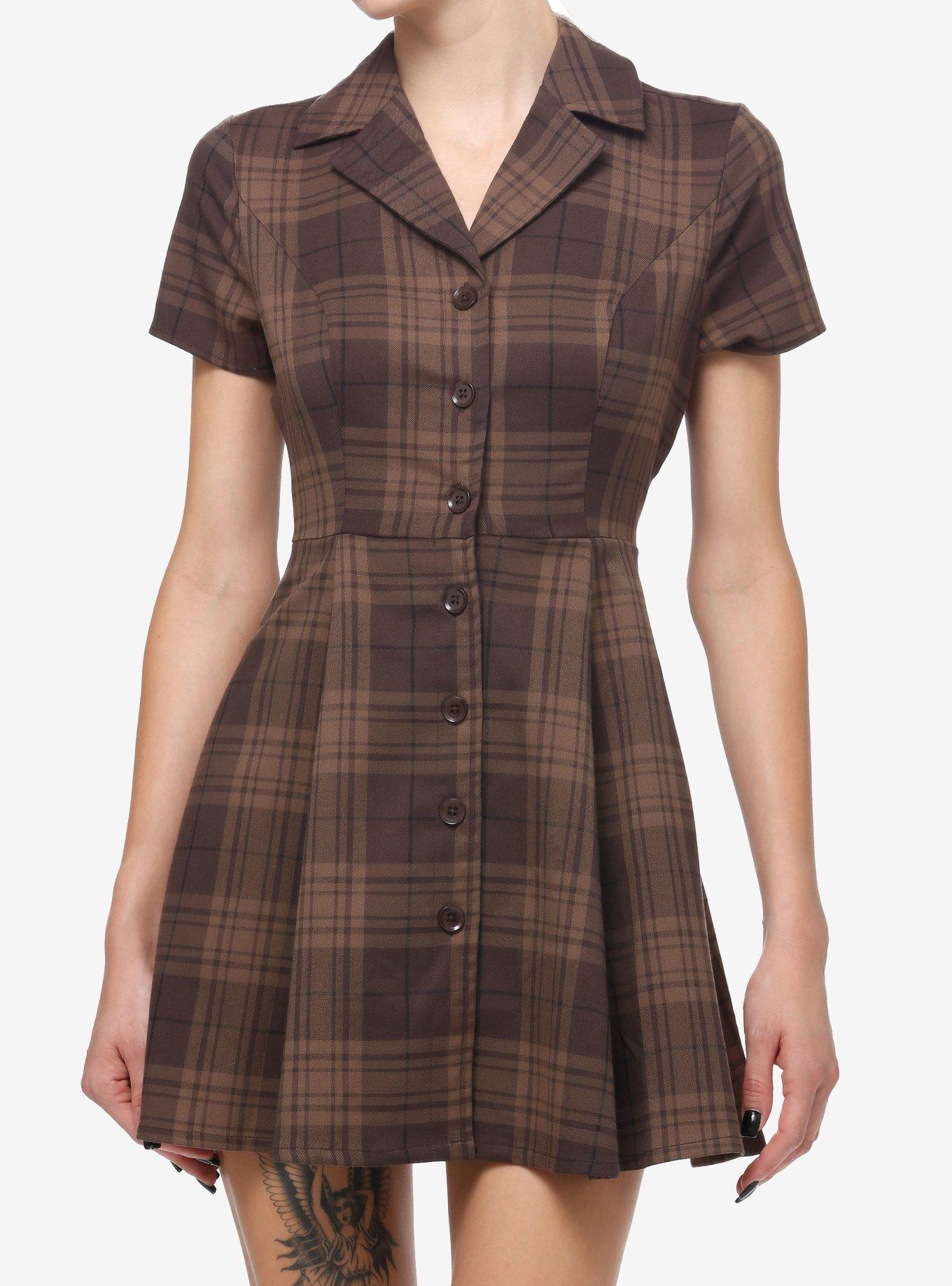 Thorn & Fable Brown Plaid Retro Dress, PLAID - BROWN, hi-res