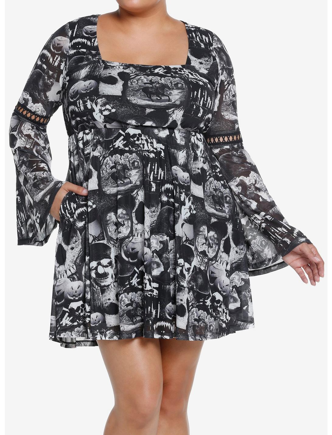 Social Collision Sleepy Hollow Collage Bell Sleeve Dress Plus Size, MULTI, hi-res