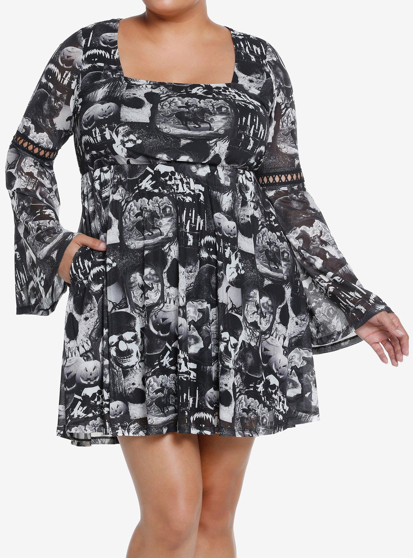 Social Collision Sleepy Hollow Collage Bell Sleeve Dress Plus Size, MULTI, hi-res