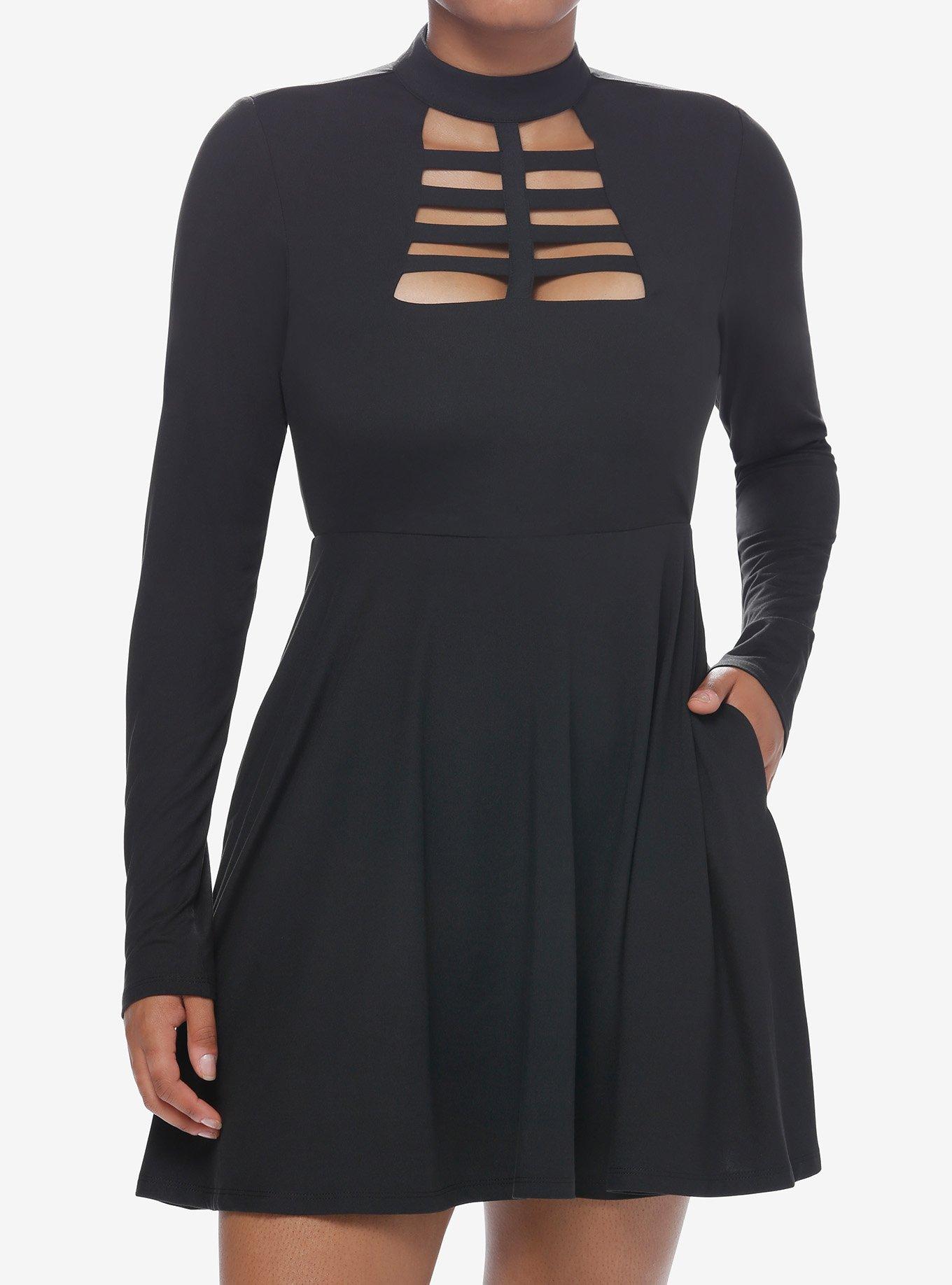 Cosmic Aura Black Cutout Mock Neck Long-Sleeve Dress, BLACK, hi-res