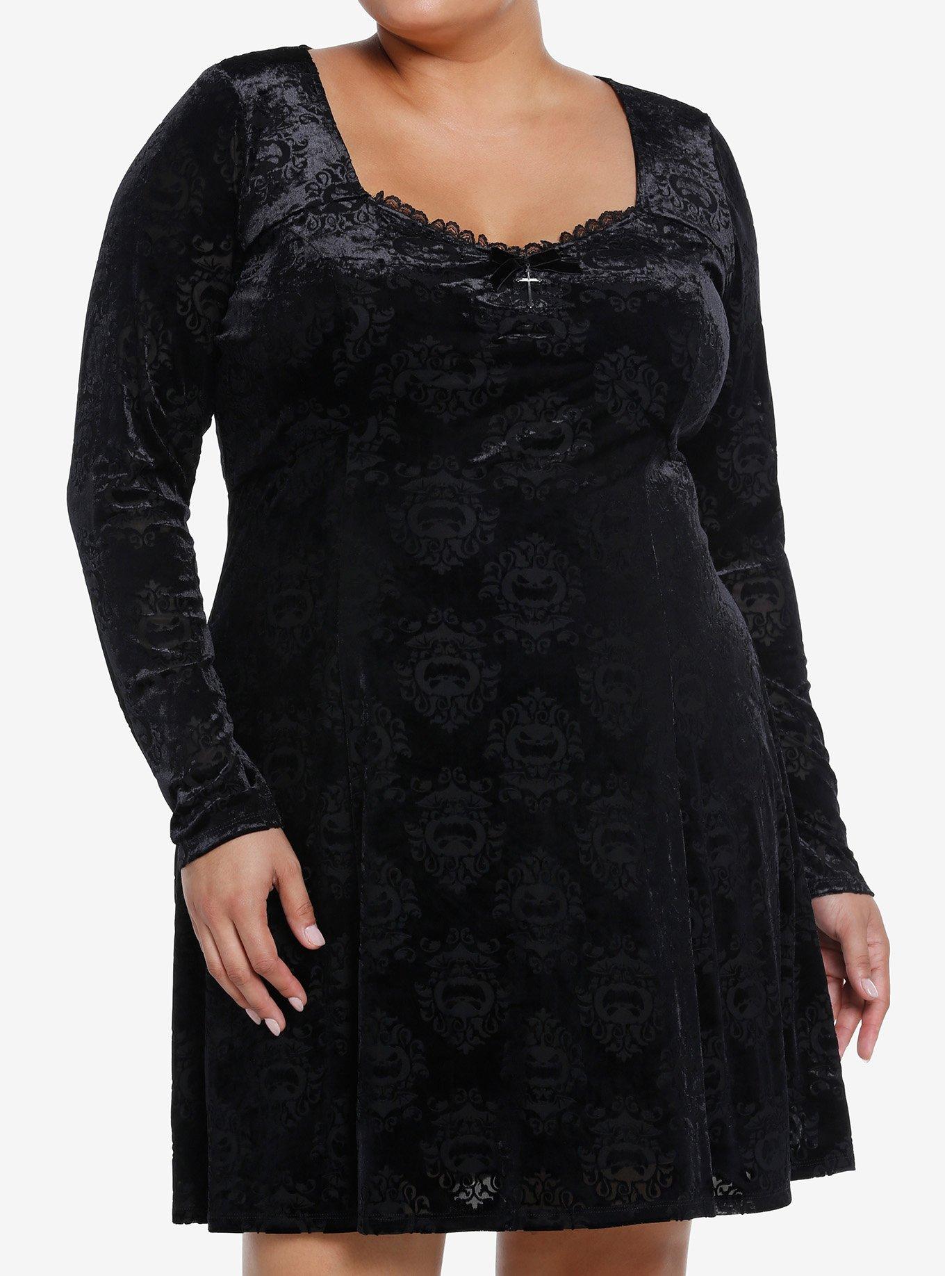 Cosmic Aura Pumpkin Bats Damask Velvet Dress Plus Size, , hi-res