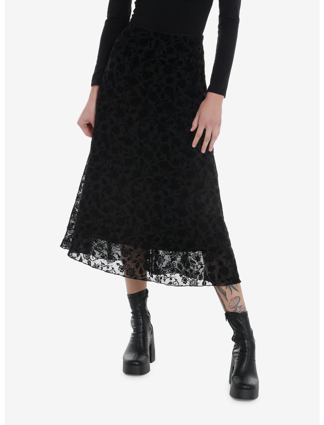 Thorn & Fable Flocked Rose Midi Skirt, BLACK, hi-res