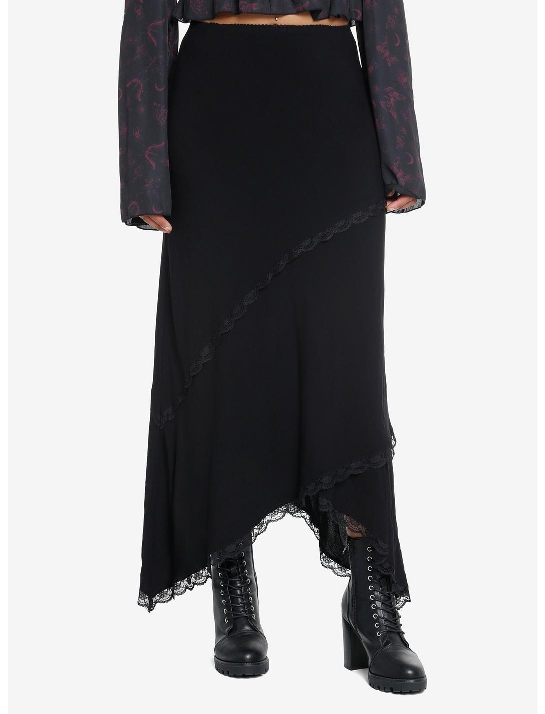 Cosmic Aura Asymmetrical Lace Midi Skirt, BLACK, hi-res