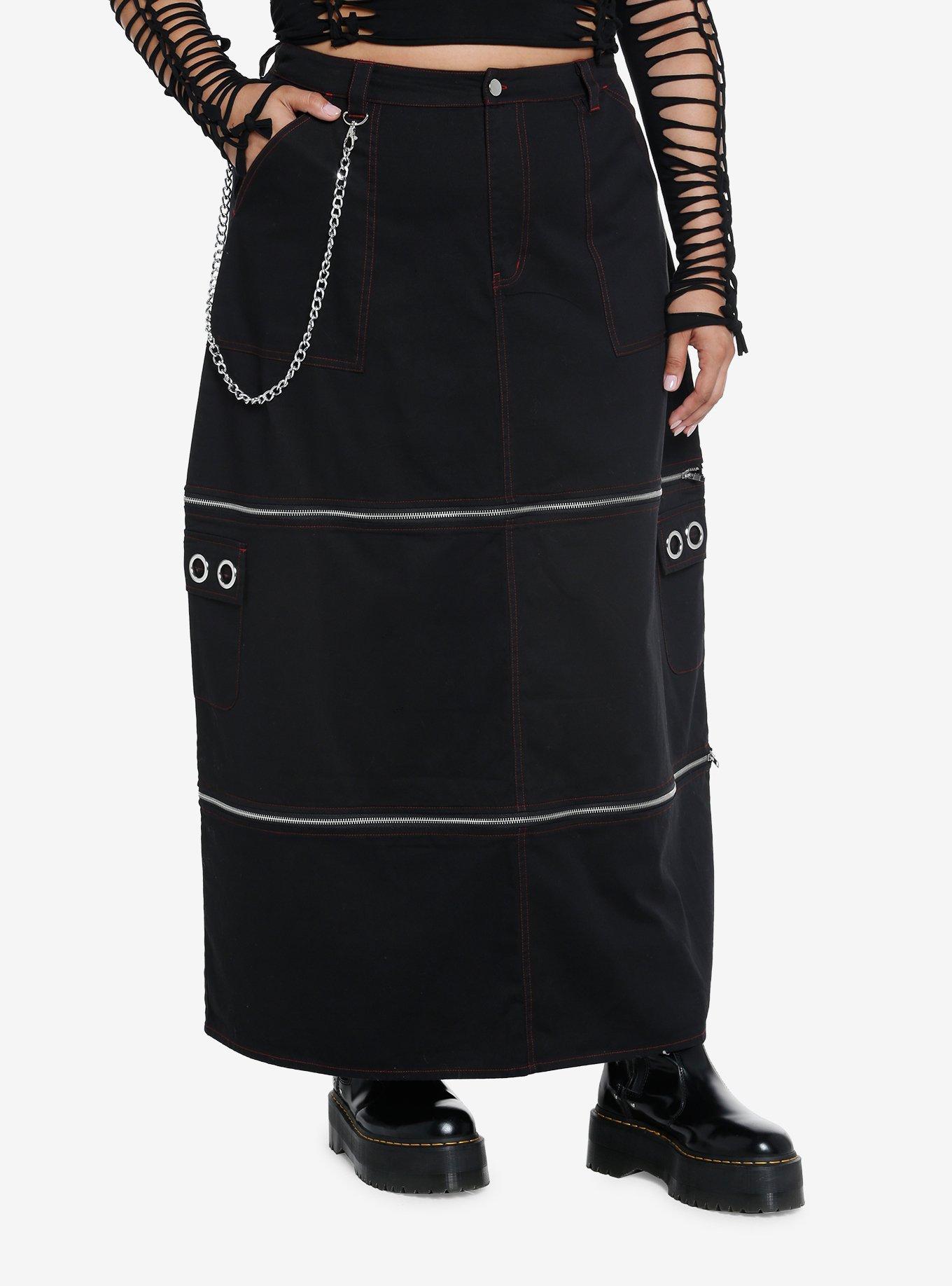 Social Collision Black & Red Contrast Stitch Zip-Off Maxi Skirt Plus Size, RED, hi-res