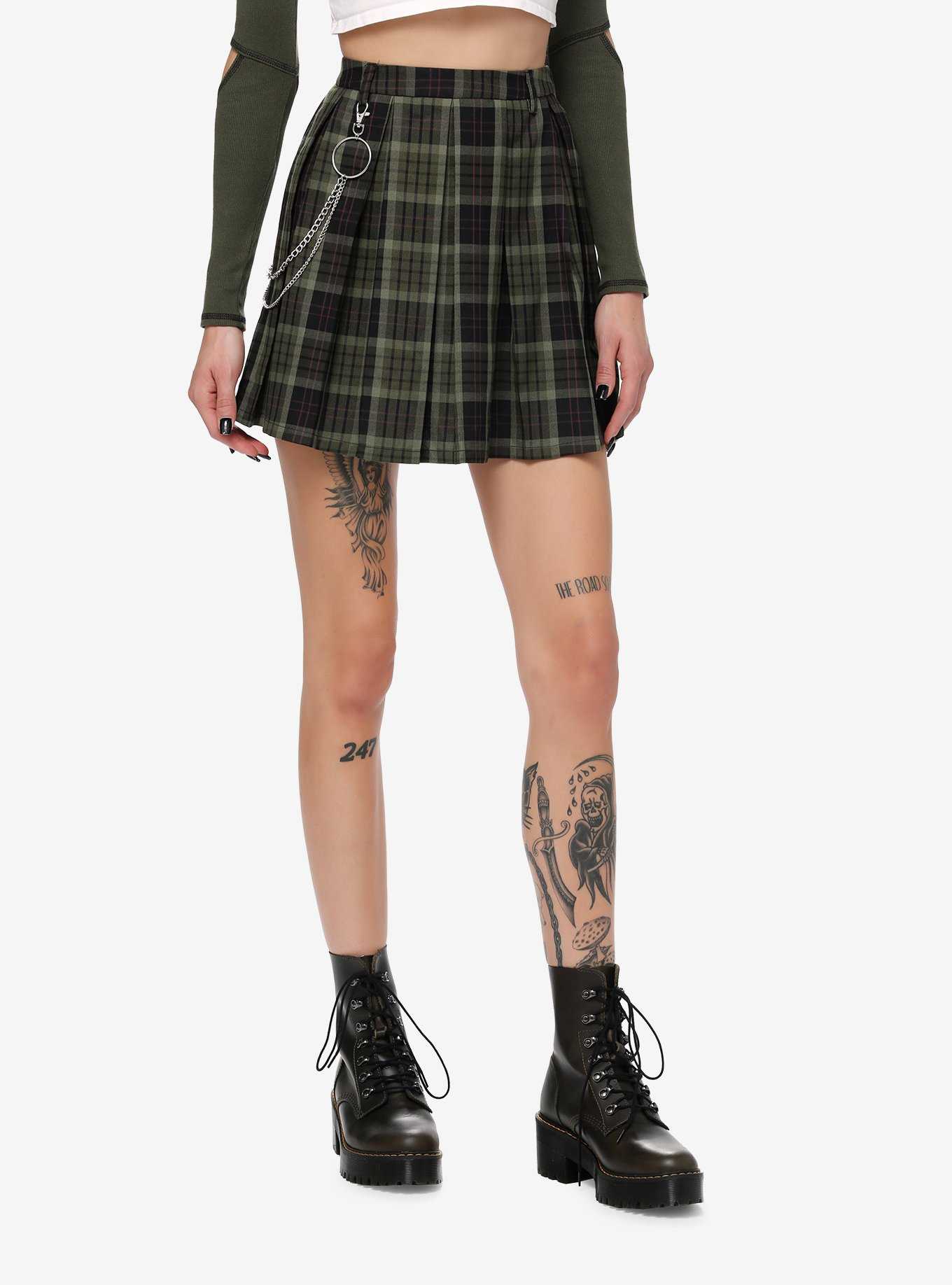 Thorn & Fable Green Plaid Side Chain Skirt, , hi-res