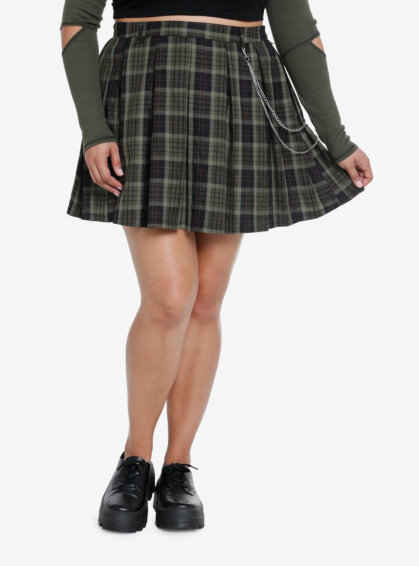 Thorn & Fable Green Plaid Side Chain Skirt Plus Size, PLAID - GREEN, hi-res