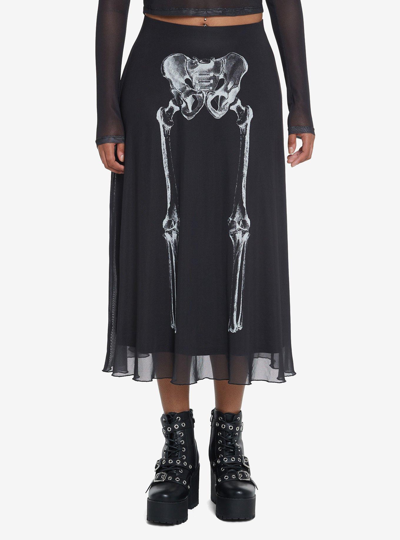 Social Collision Skeleton Anatomy Mesh Midi Skirt, BLACK, hi-res