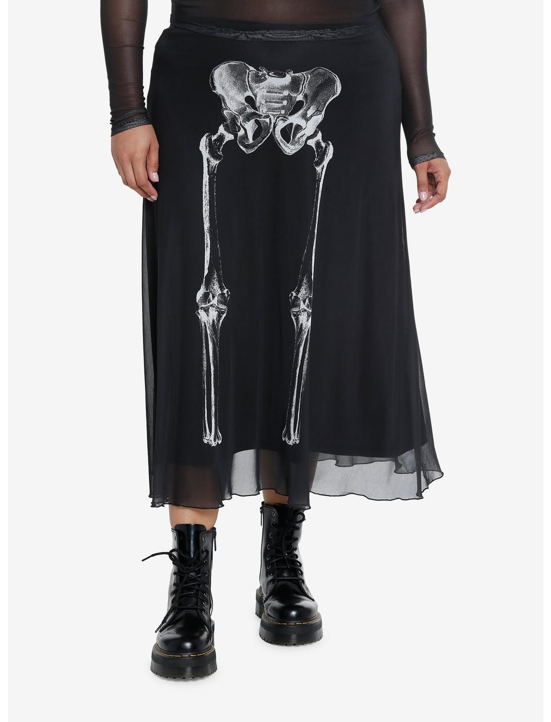Social Collision Skeleton Anatomy Mesh Midi Skirt Plus Size, BLACK, hi-res