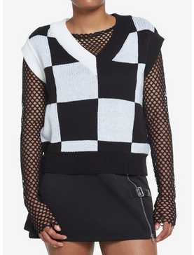 Social Collision Black & White Checkered Girls Sweater Vest, , hi-res