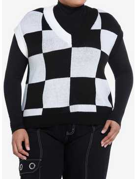 Social Collision Black & White Checkered Girls Sweater Vest Plus Size, , hi-res