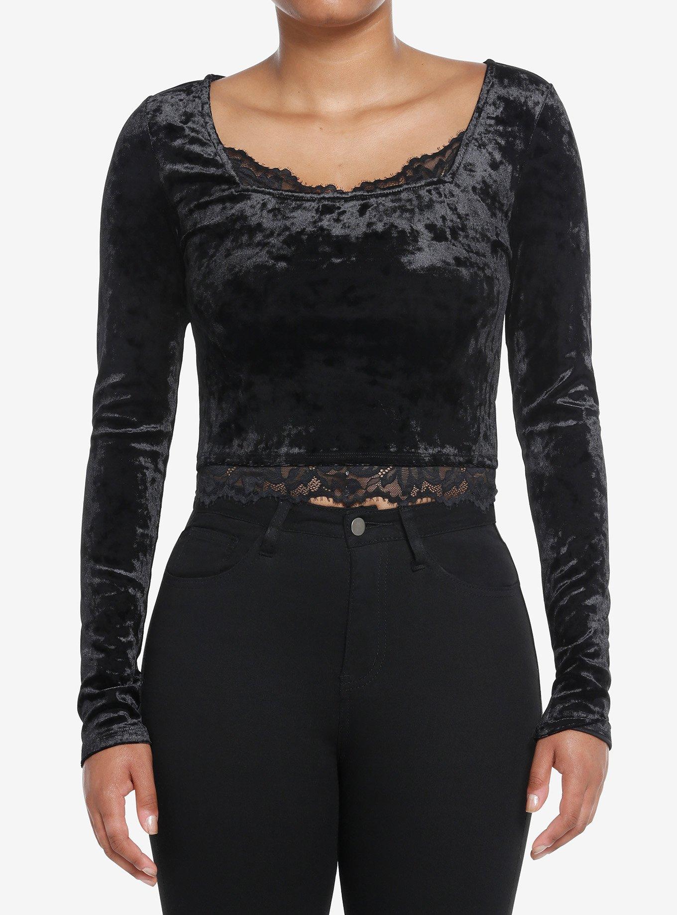 Social Collision Black Velvet Lace Girls Crop Long-Sleeve Top, BLACK, hi-res