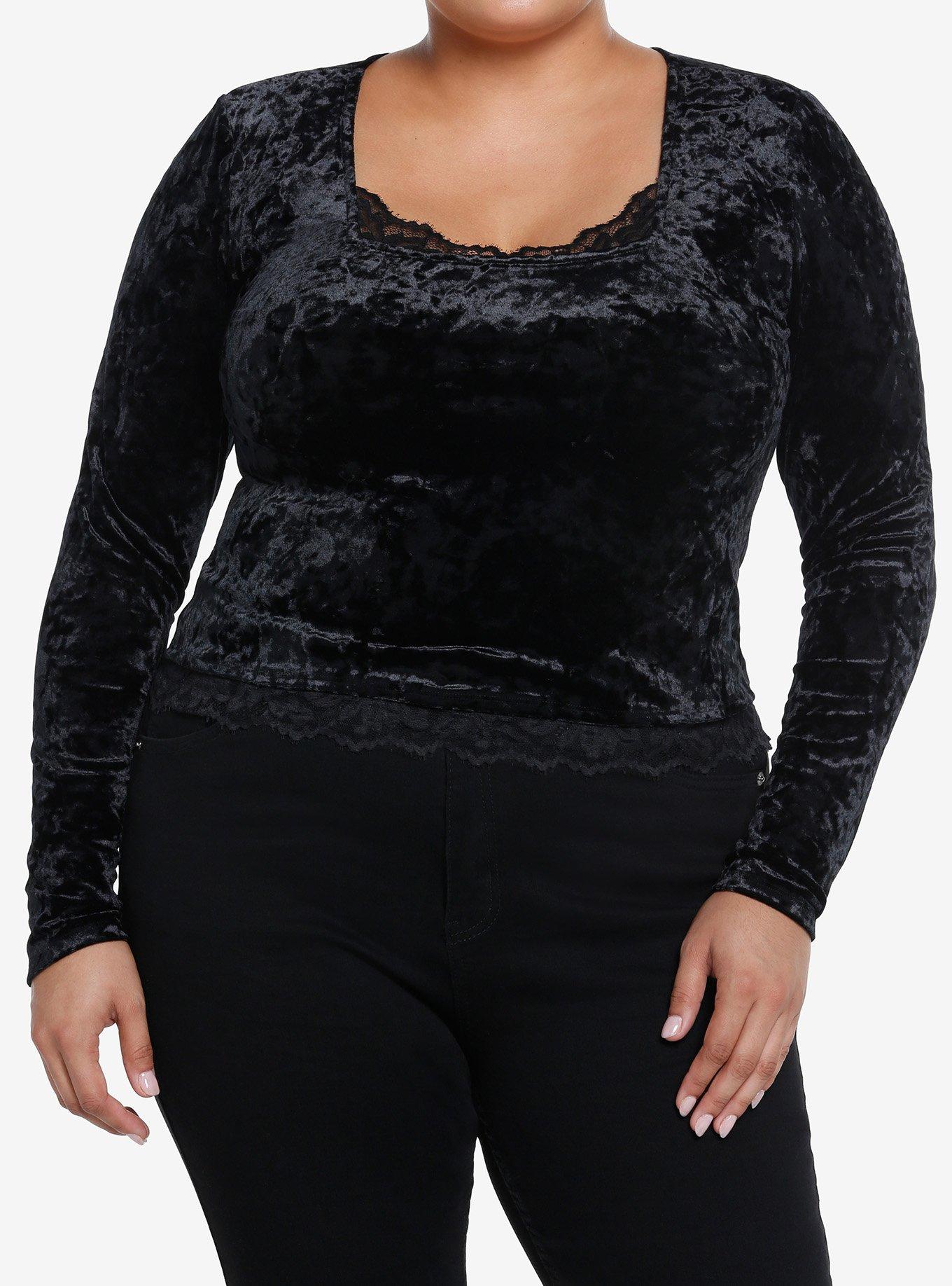 Social Collision Black Velvet Lace Girls Crop Long-Sleeve Top Plus Size, BLACK, hi-res