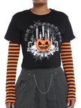 Pumpkin Candle Stripe Girls Twofer Crop Long-Sleeve T-Shirt, ORANGE, hi-res