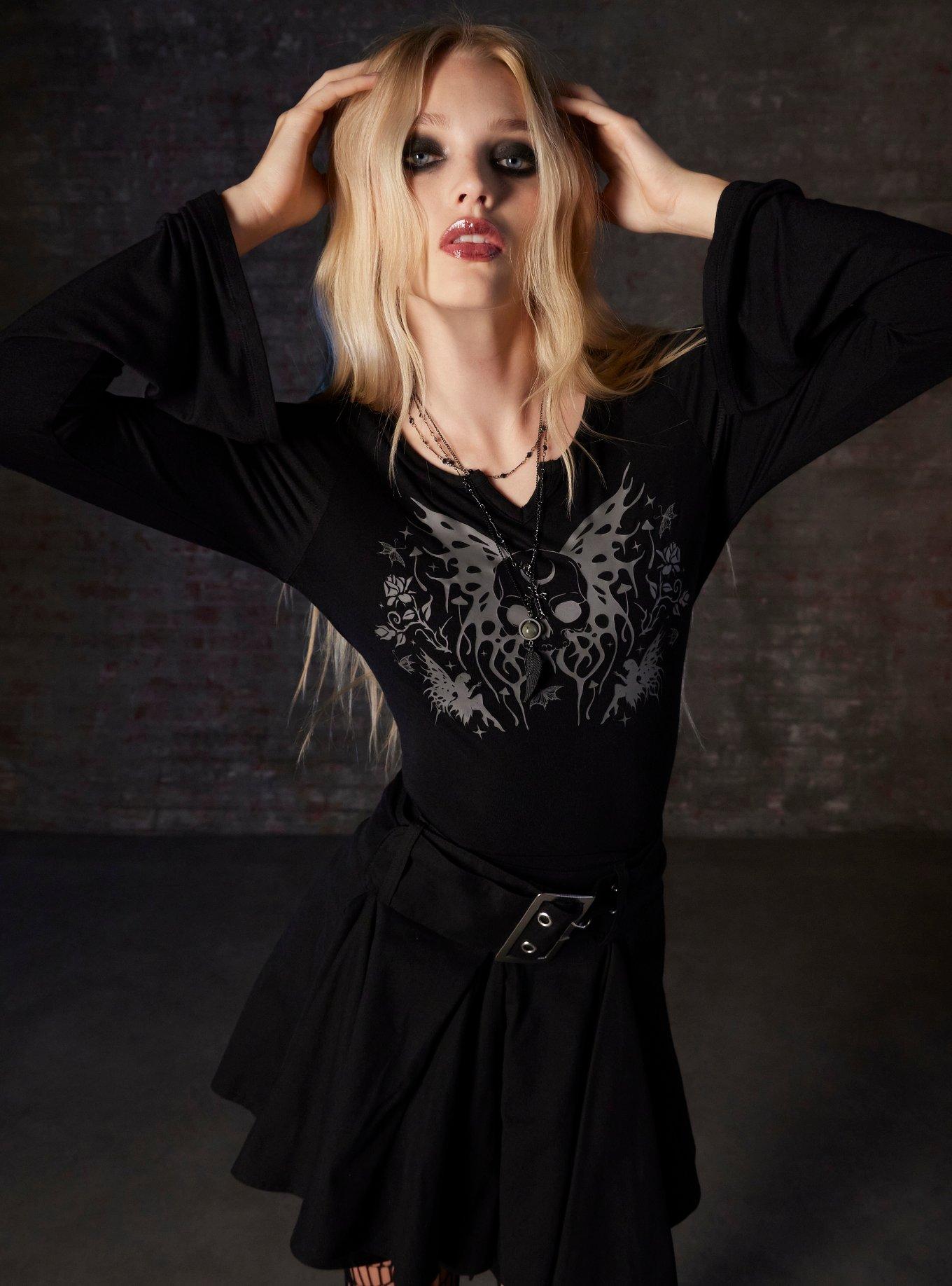 Thorn & Fable Skull Fairy Girls Crop Bell Sleeve Top, GREY, hi-res