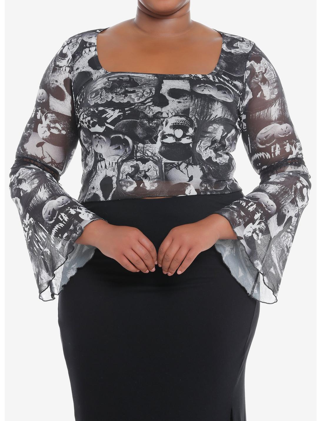 Social Collision Sleepy Hollow Collage Bell Sleeve Girls Crop Top Plus Size, WHITE GRAY, hi-res