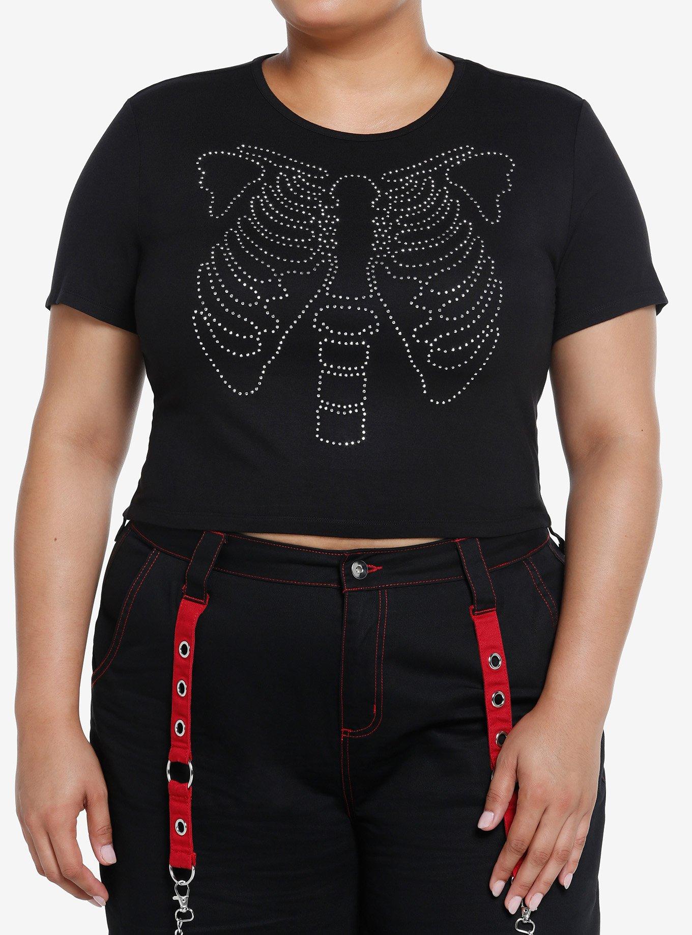 Social Collision Rhinestone Rib Cage Girls Crop Top Plus Size, BLACK, hi-res view 1