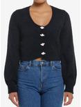 Sweet Society Black Fuzzy Rosette Buttons Crop Girls Cardigan, BLACK, hi-res