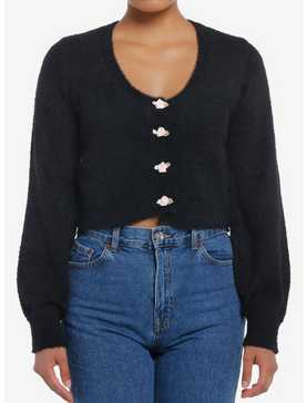 Sweet Society Black Fuzzy Rosette Buttons Crop Girls Cardigan, , hi-res