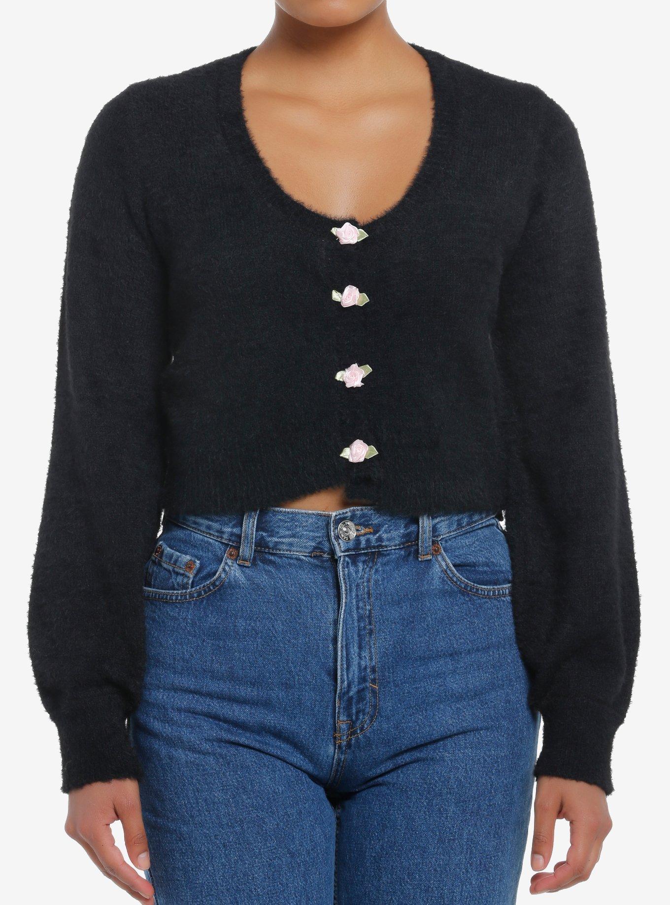 Sweet Society Black Fuzzy Rosette Buttons Crop Girls Cardigan, BLACK, hi-res