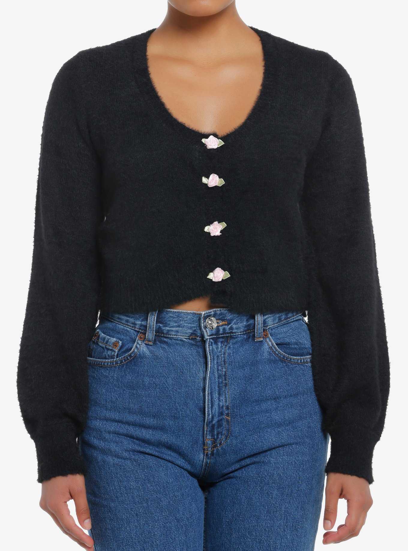 Sweet Society Black Fuzzy Rosette Buttons Crop Girls Cardigan, , hi-res